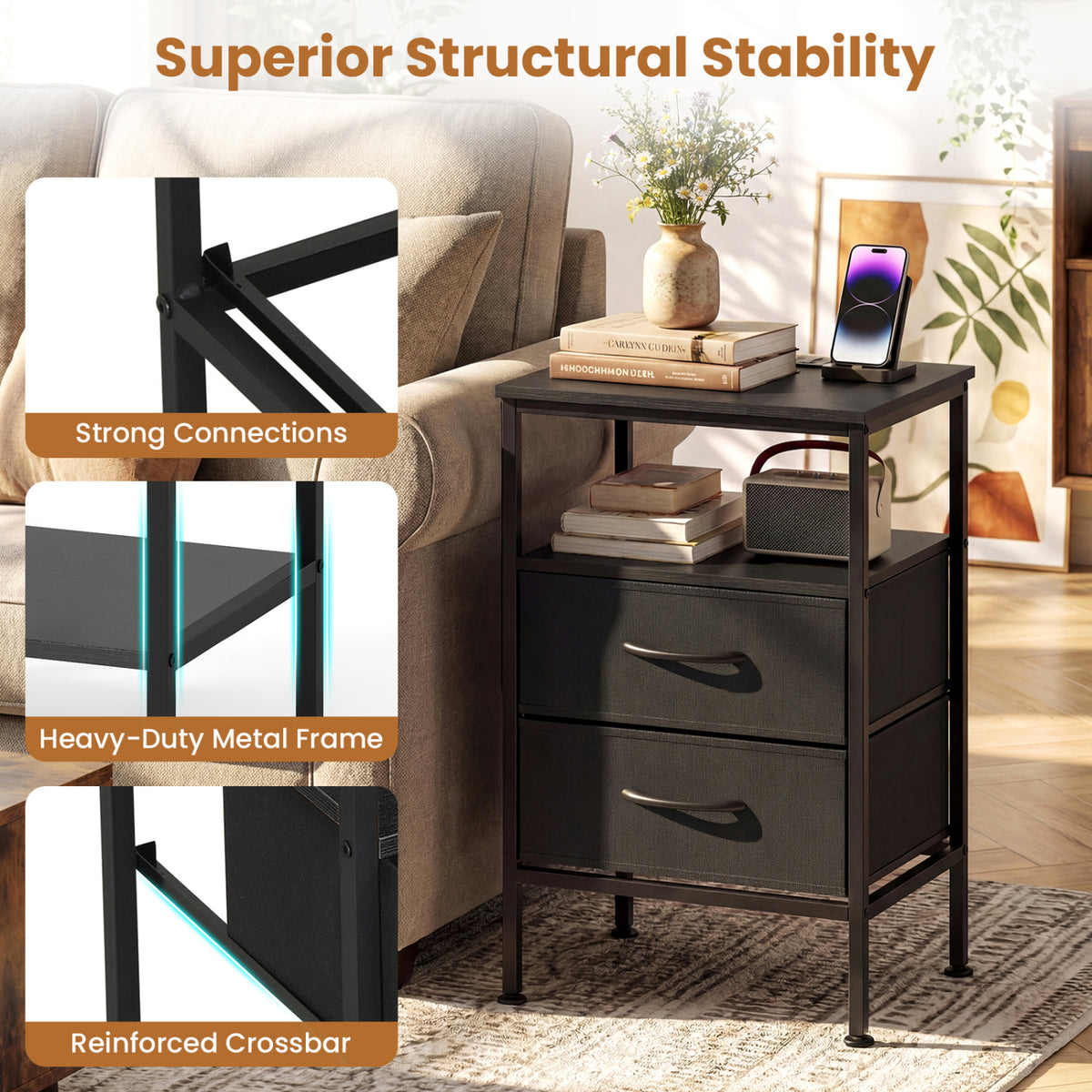 Nightstand with Charging Station 24.5 inch Modern Bedside Table with 2 Fabric Drawers-Black
