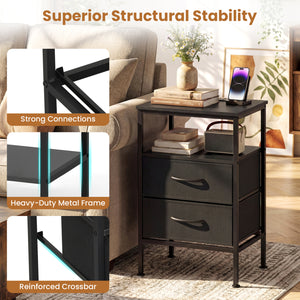 Nightstand with Charging Station 24.5 inch Modern Bedside Table with 2 Fabric Drawers-Black