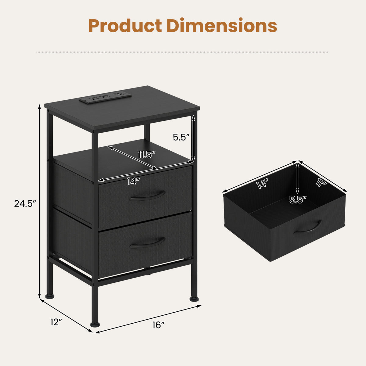 Nightstand with Charging Station 24.5 inch Modern Bedside Table with 2 Fabric Drawers-Black
