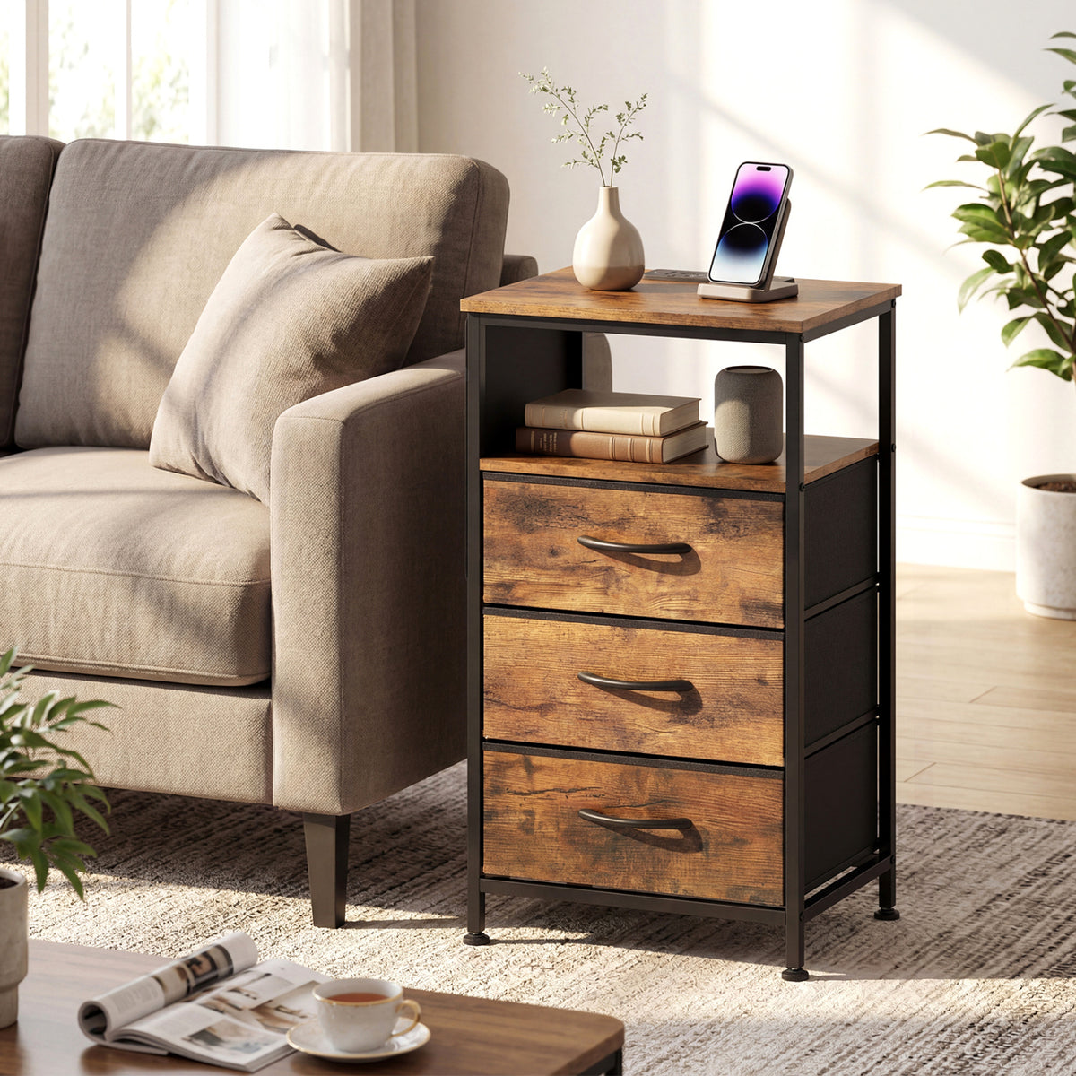 Nightstand with Charging Station 27.5 inch Modern Bedside Table with 3 Fabric Drawers-Rustic Brown