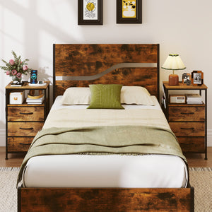 Nightstand with Charging Station 27.5 inch Modern Bedside Table with 3 Fabric Drawers-Rustic Brown