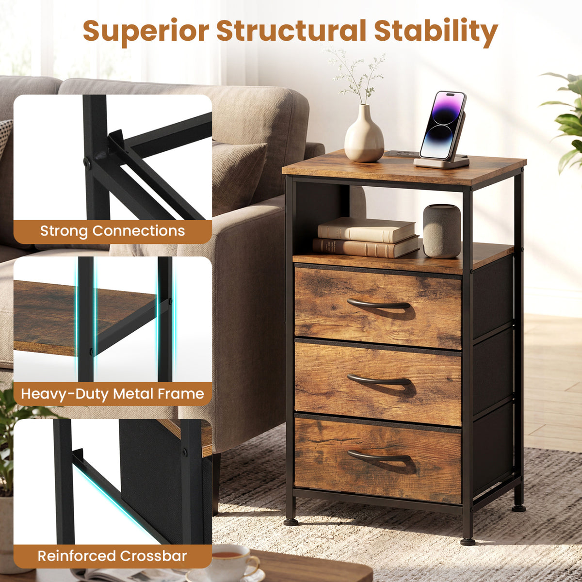 Nightstand with Charging Station 27.5 inch Modern Bedside Table with 3 Fabric Drawers-Rustic Brown