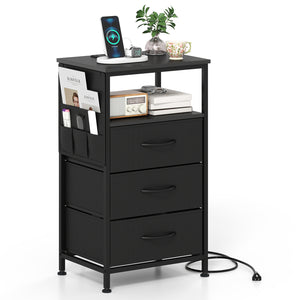 Nightstand with Charging Station 27.5 inch Modern Bedside Table with 3 Fabric Drawers-Black