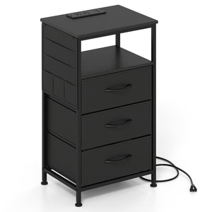 Nightstand with Charging Station 27.5 inch Modern Bedside Table with 3 Fabric Drawers-Black