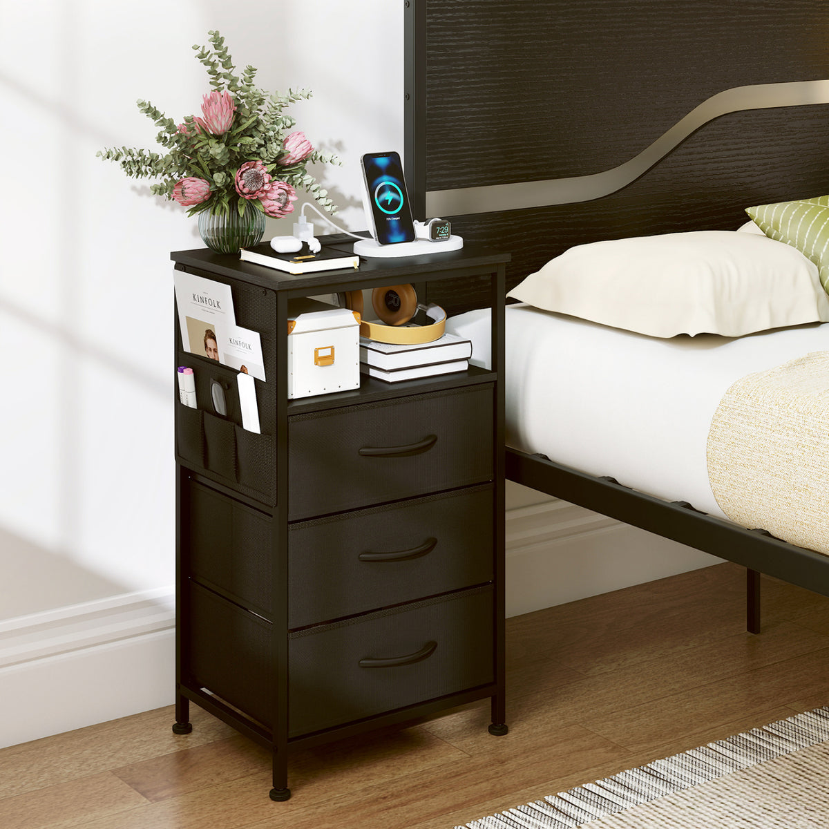 Nightstand with Charging Station 27.5 inch Modern Bedside Table with 3 Fabric Drawers-Black