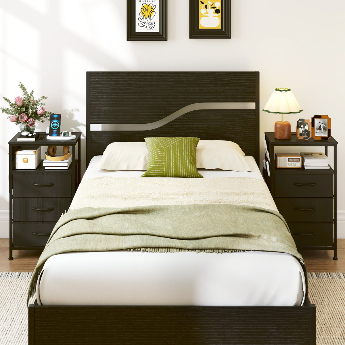 Nightstand with Charging Station 27.5 inch Modern Bedside Table with 3 Fabric Drawers-Black