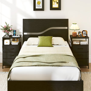 Nightstand with Charging Station 27.5 inch Modern Bedside Table with 3 Fabric Drawers-Black