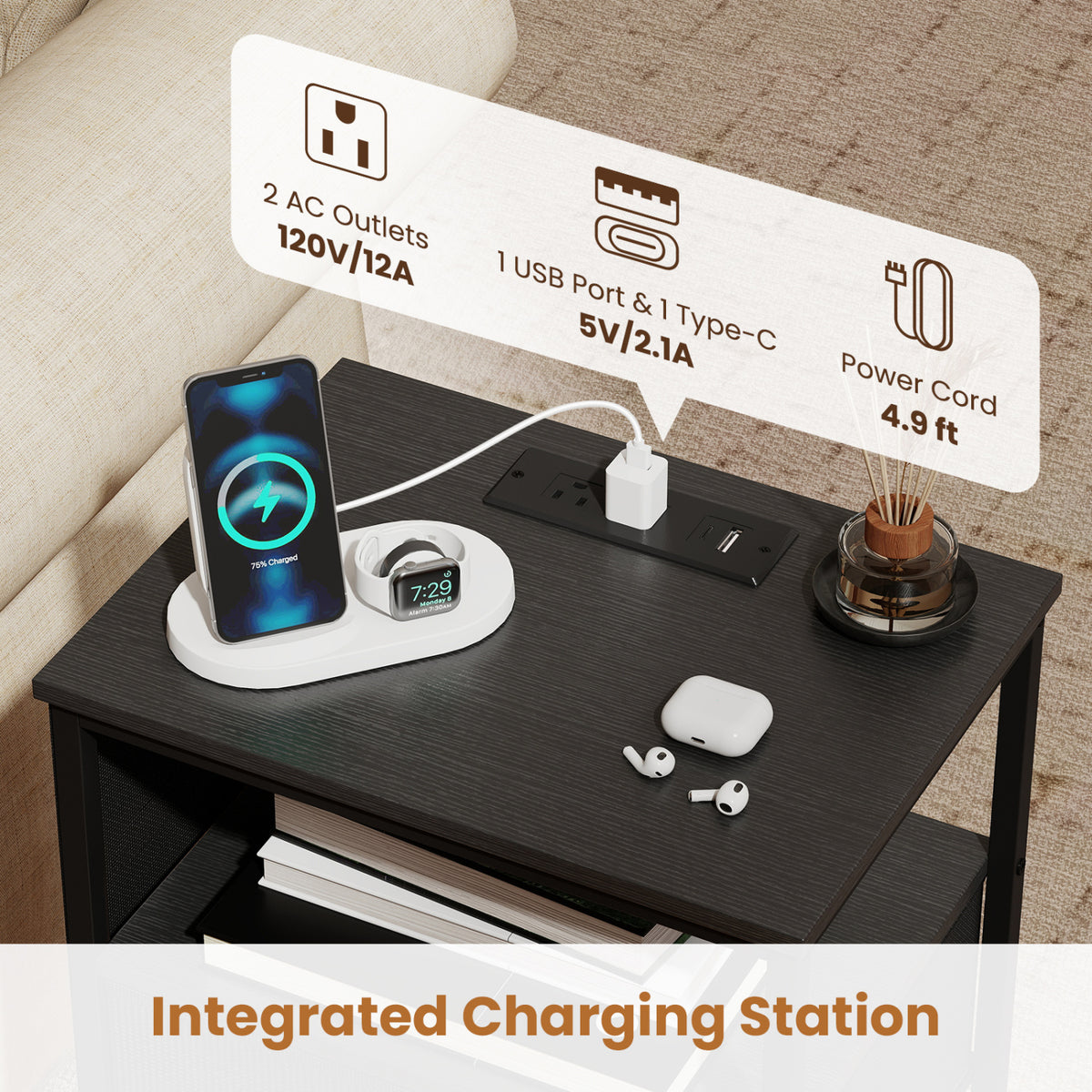 Nightstand with Charging Station 27.5 inch Modern Bedside Table with 3 Fabric Drawers-Black