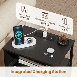 Nightstand with Charging Station 27.5 inch Modern Bedside Table with 3 Fabric Drawers-Black