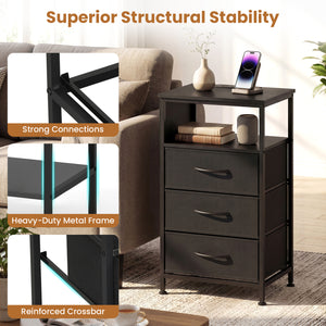 Nightstand with Charging Station 27.5 inch Modern Bedside Table with 3 Fabric Drawers-Black