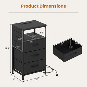 Nightstand with Charging Station 27.5 inch Modern Bedside Table with 3 Fabric Drawers-Black