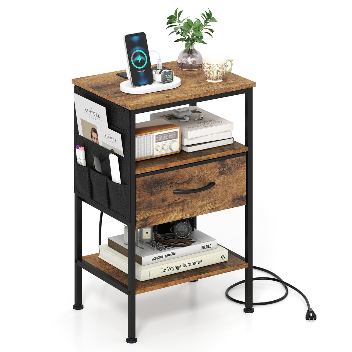 Nightstand with Charging Station 24.5 inch Modern Bedside Table with Fabric Drawer-Rustic Brown