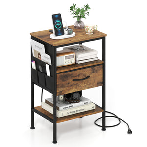 Nightstand with Charging Station 24.5 inch Modern Bedside Table with Fabric Drawer-Rustic Brown