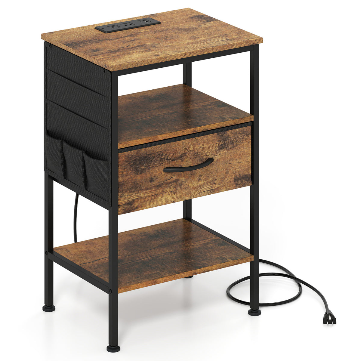 Nightstand with Charging Station 24.5 inch Modern Bedside Table with Fabric Drawer-Rustic Brown