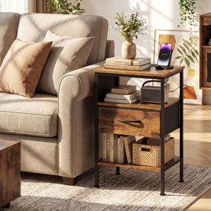 Nightstand with Charging Station 24.5 inch Modern Bedside Table with Fabric Drawer-Rustic Brown