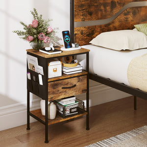 Nightstand with Charging Station 24.5 inch Modern Bedside Table with Fabric Drawer-Rustic Brown