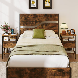 Nightstand with Charging Station 24.5 inch Modern Bedside Table with Fabric Drawer-Rustic Brown