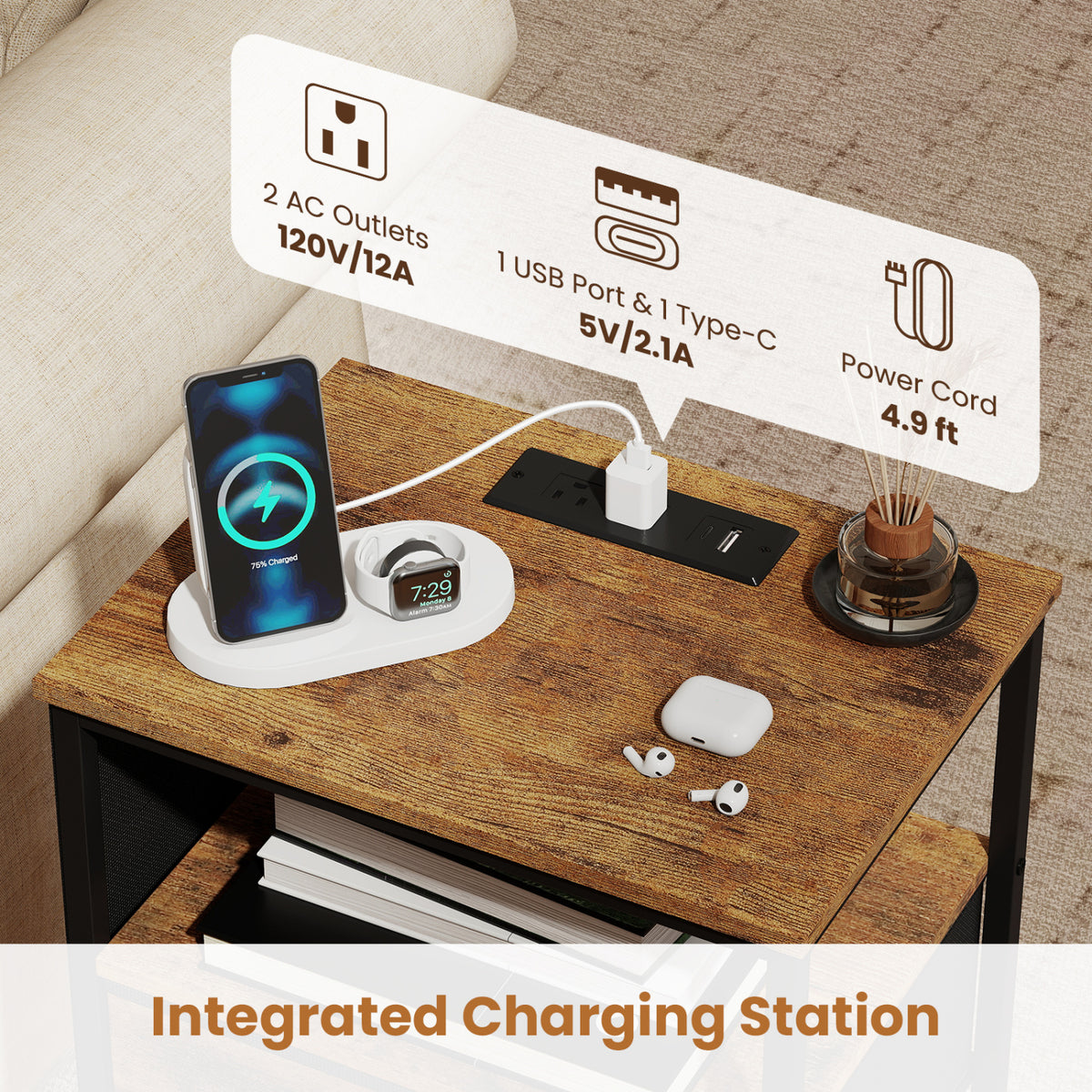 Nightstand with Charging Station 24.5 inch Modern Bedside Table with Fabric Drawer-Rustic Brown