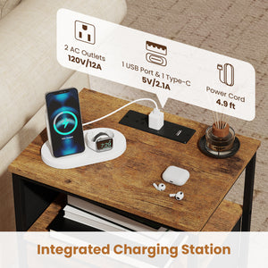 Nightstand with Charging Station 24.5 inch Modern Bedside Table with Fabric Drawer-Rustic Brown