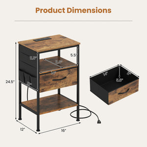 Nightstand with Charging Station 24.5 inch Modern Bedside Table with Fabric Drawer-Rustic Brown