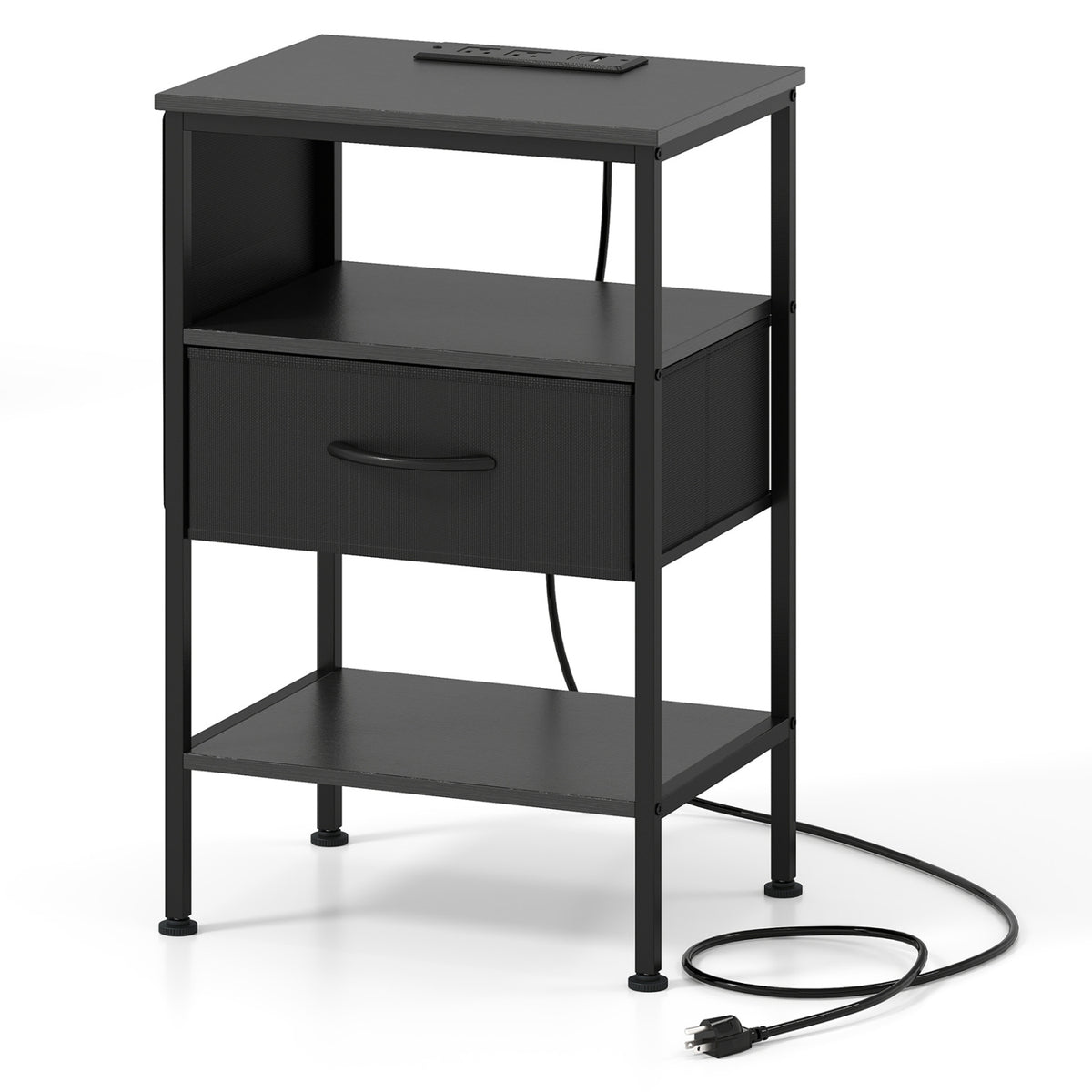 Nightstand with Charging Station 24.5 inch Modern Bedside Table with Fabric Drawer-Black