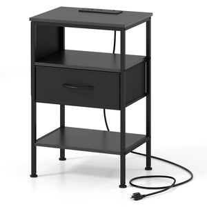 Nightstand with Charging Station 24.5 inch Modern Bedside Table with Fabric Drawer-Black
