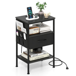 Nightstand with Charging Station 24.5 inch Modern Bedside Table with Fabric Drawer-Black