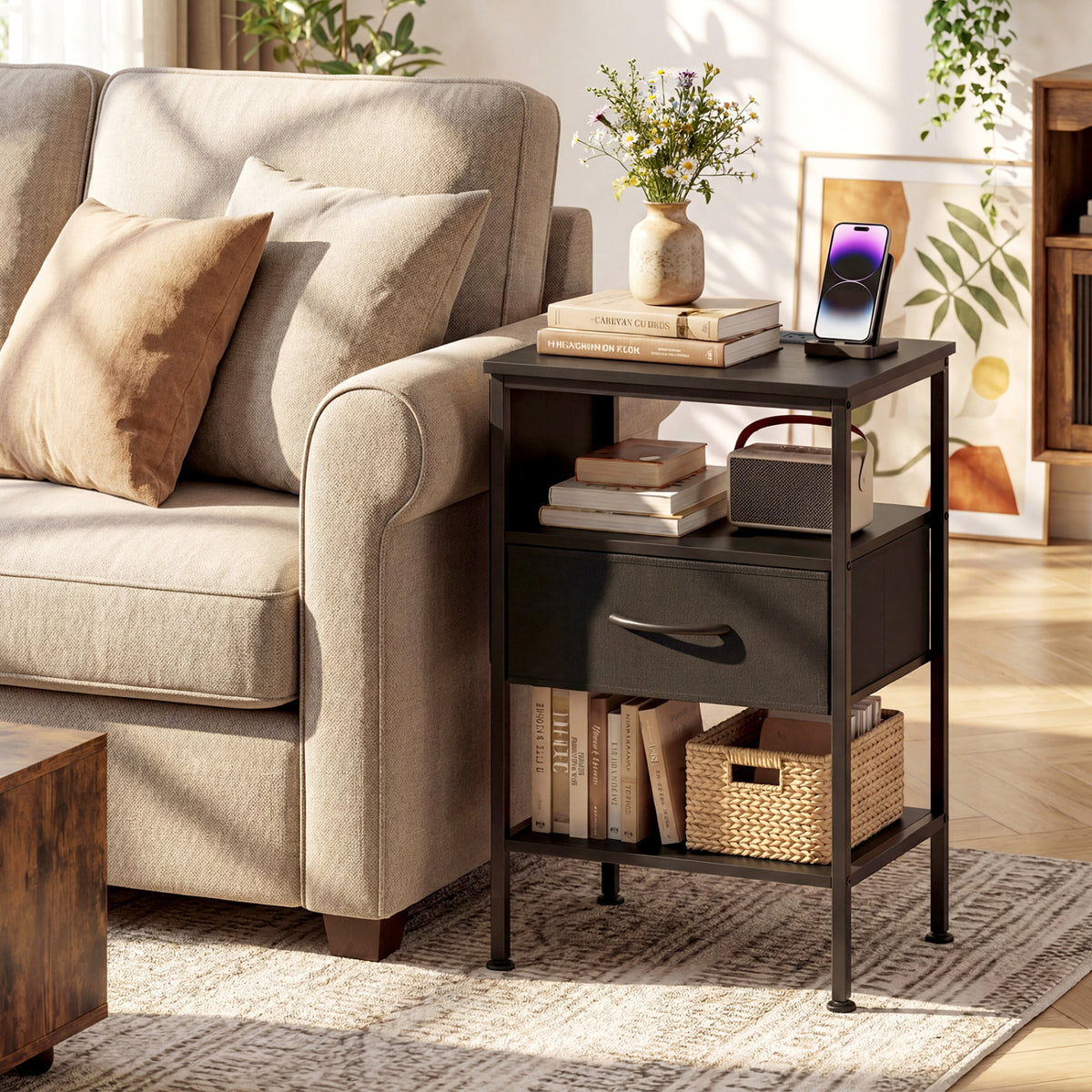 Nightstand with Charging Station 24.5 inch Modern Bedside Table with Fabric Drawer-Black