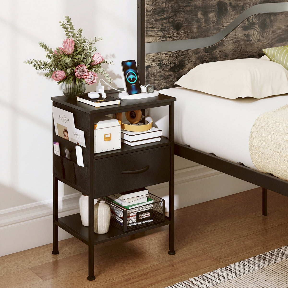 Nightstand with Charging Station 24.5 inch Modern Bedside Table with Fabric Drawer-Black