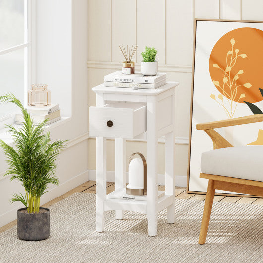 3-Tier Nightstand with Drawer and Open Storage Shelf-White