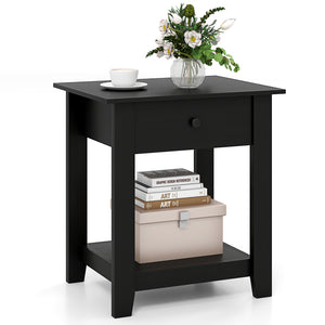 Nightstand with Drawer 3-Tier Modern Bedside Table with Open Shelf and Storage-Black
