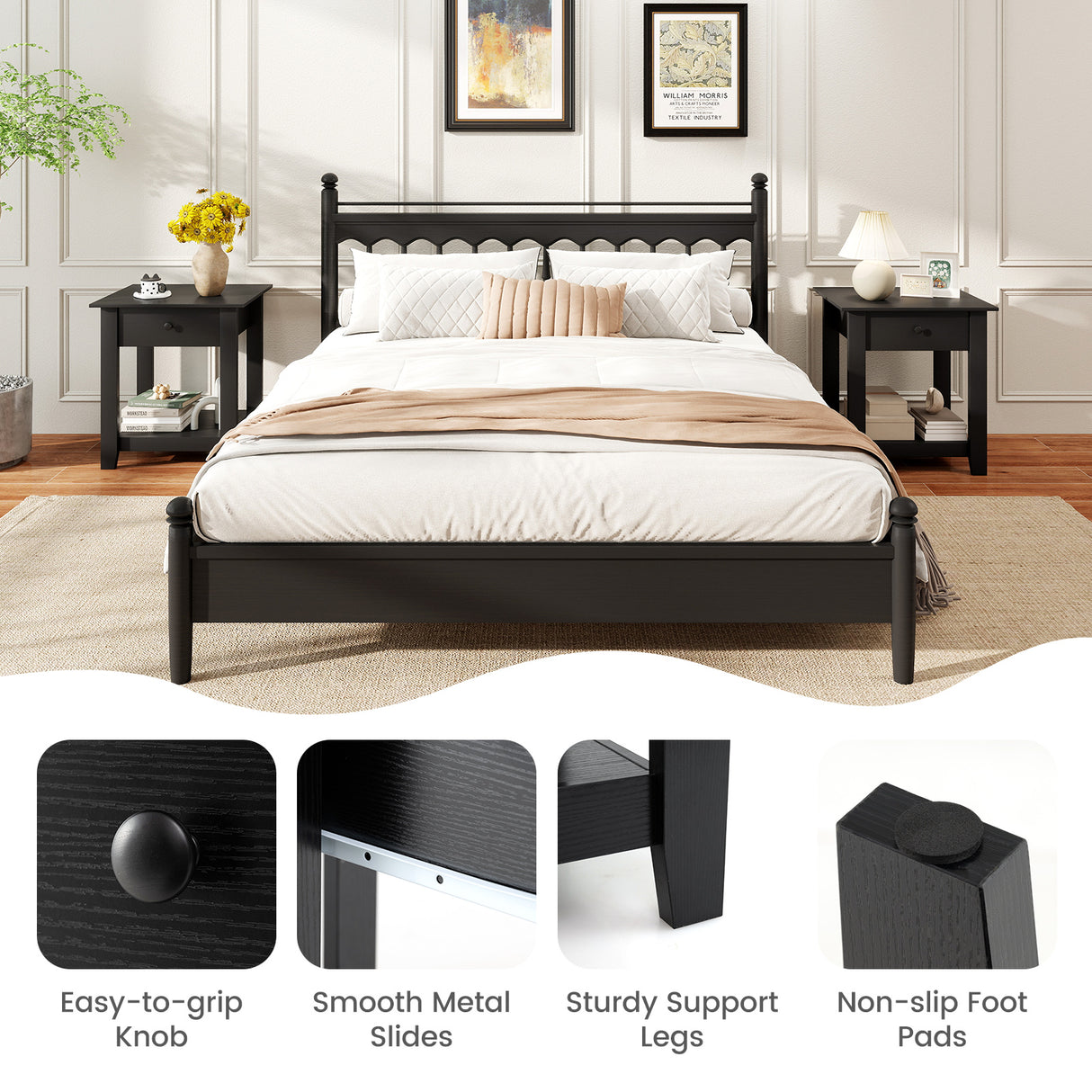 Nightstand with Drawer 3-Tier Modern Bedside Table with Open Shelf and Storage-Black