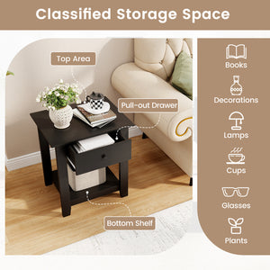 Nightstand with Drawer 3-Tier Modern Bedside Table with Open Shelf and Storage-Black