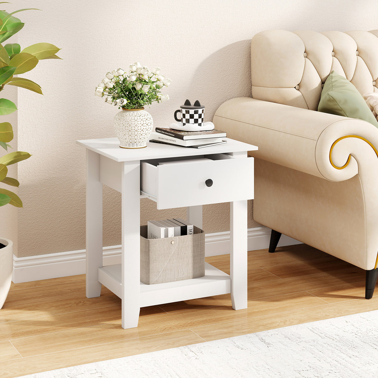 Nightstand with Drawer 3-Tier Modern Bedside Table with Open Shelf and Storage-White