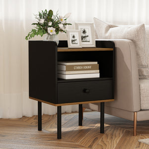 Nightstand with Drawer 3-Tier Sofa Side Table with Open Storage Shelf-Black