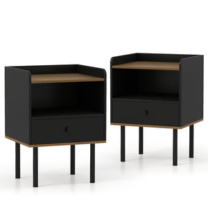 Nightstand with Drawer 3-Tier Sofa Side Table with Open Storage Shelf Set of 2-Black