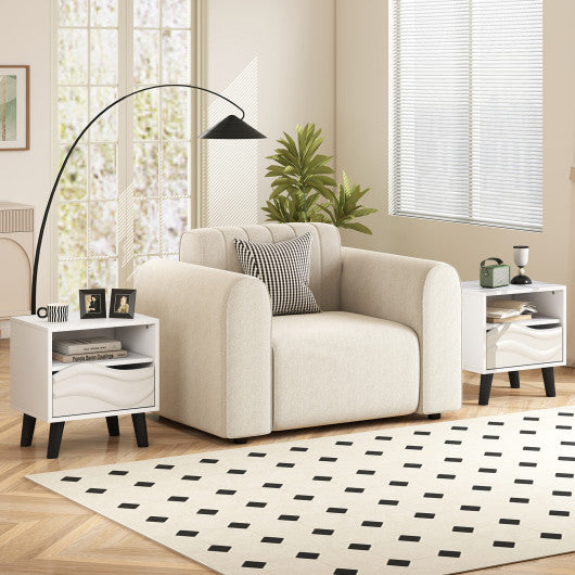 Nightstand Mid Century Modern Bedside Table with 3D Wavy Pattern and Open Shelf-White