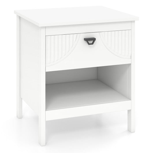 2-tier Wood Nightstand with Drawer and Open Storage Shelf for Bedroom-White