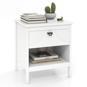 2-tier Wood Nightstand with Drawer and Open Storage Shelf for Bedroom-White