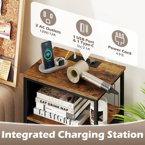 Nightstand with Integrated Charging Station 39 Inches Modern Bedside Table-Brown