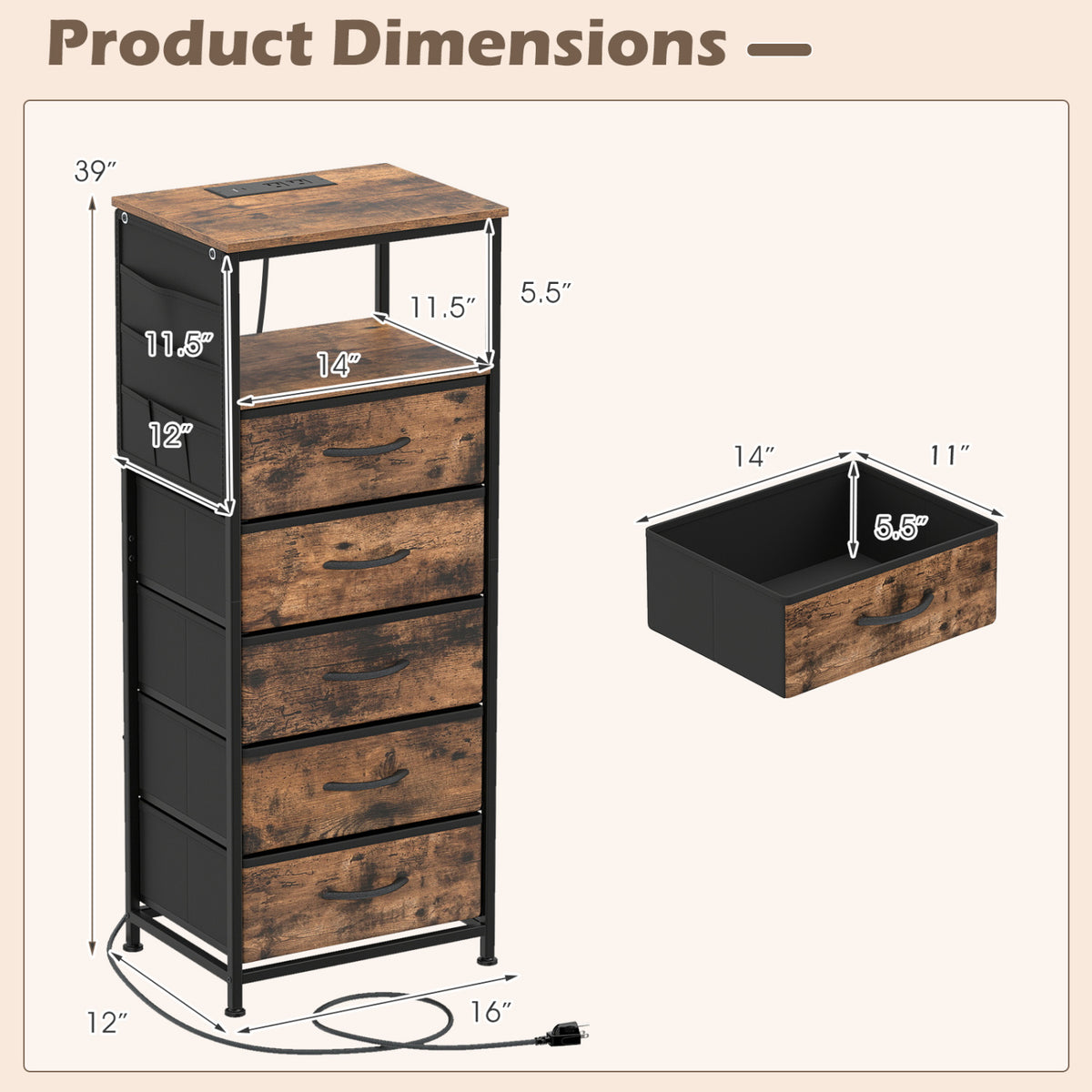 Nightstand with Integrated Charging Station 39 Inches Modern Bedside Table-Brown