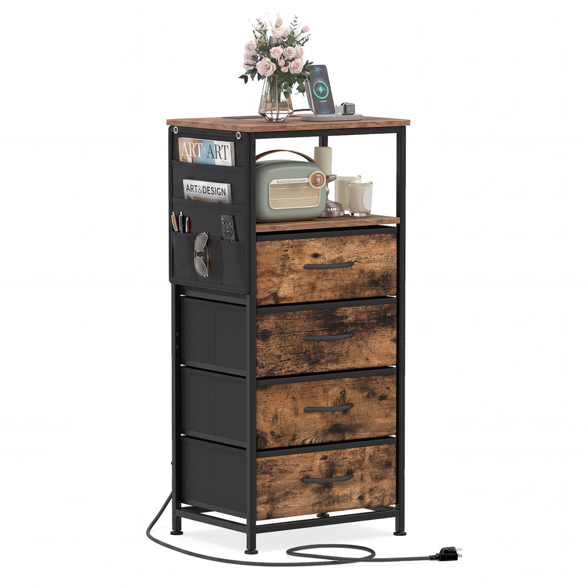 Nightstand with Integrated Charging Station 34" Modern Bedside Table-Rustic Brown