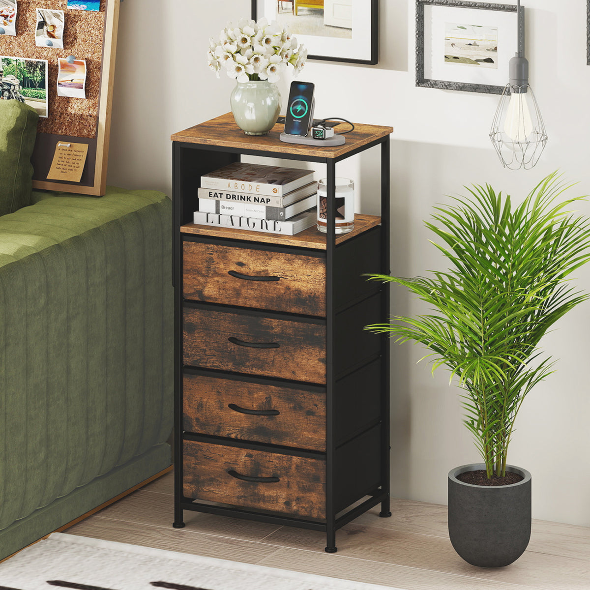 Nightstand with Integrated Charging Station 34" Modern Bedside Table-Rustic Brown
