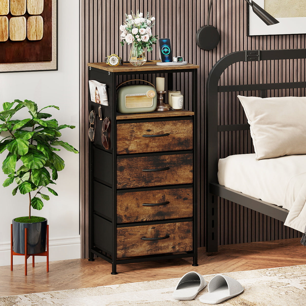 Nightstand with Integrated Charging Station 34" Modern Bedside Table-Rustic Brown