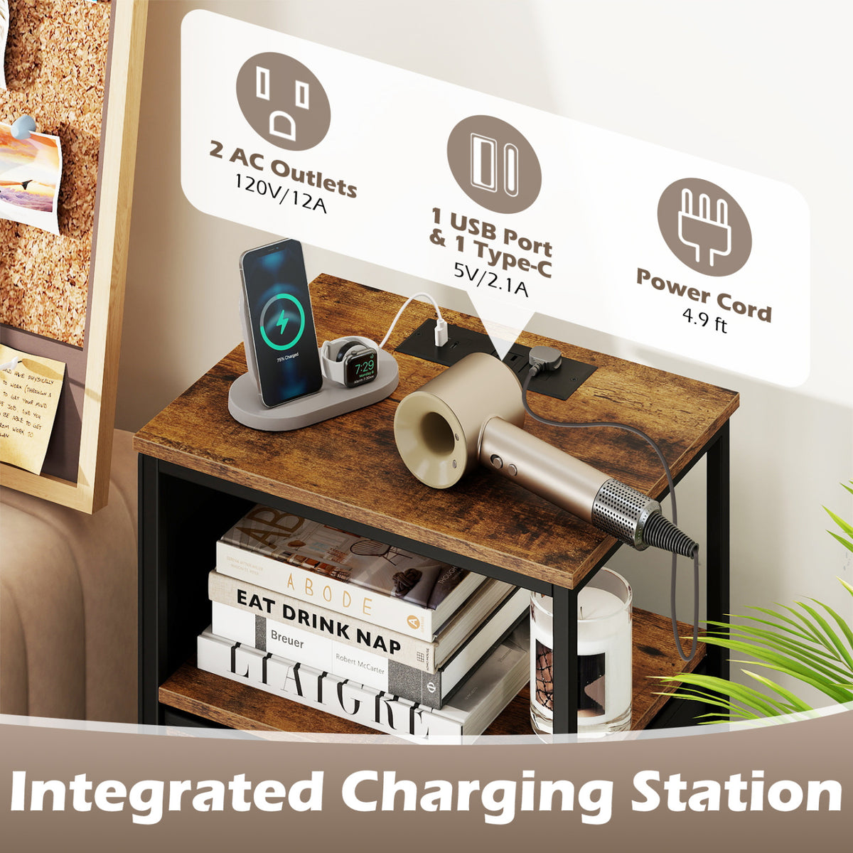 Nightstand with Integrated Charging Station 34" Modern Bedside Table-Rustic Brown