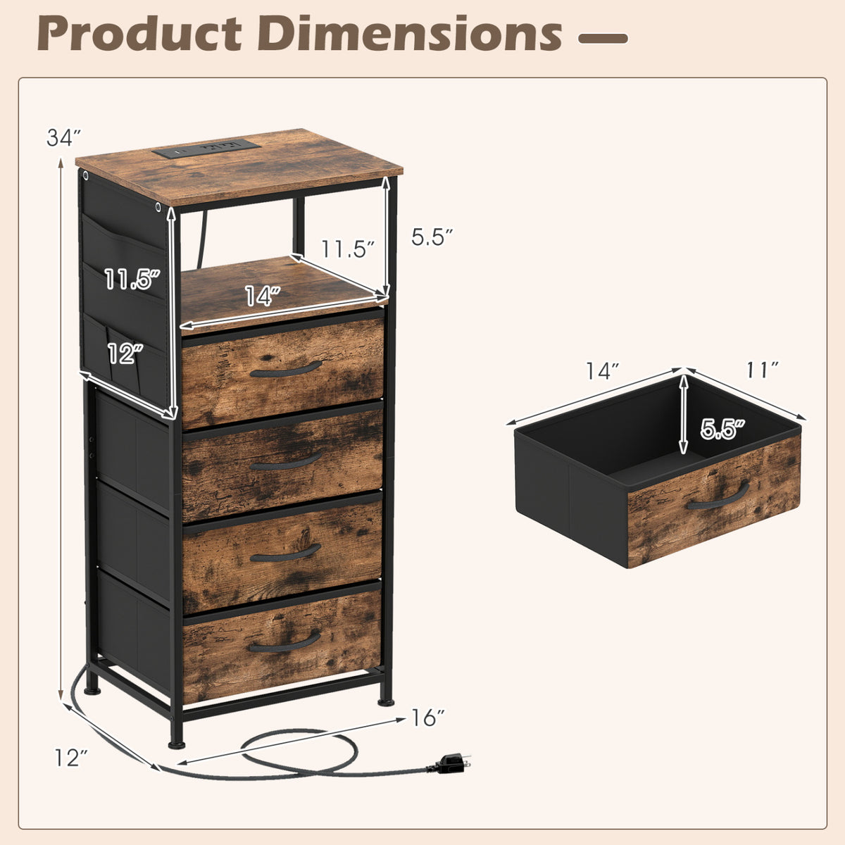 Nightstand with Integrated Charging Station 34" Modern Bedside Table-Rustic Brown
