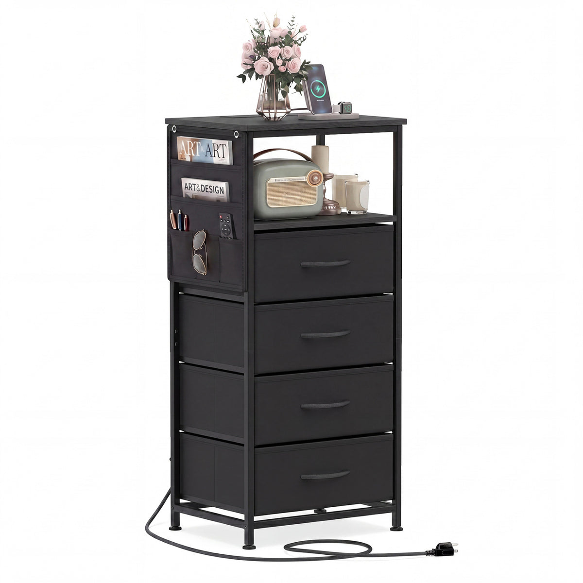 Nightstand with Integrated Charging Station 34" Modern Bedside Table-Black