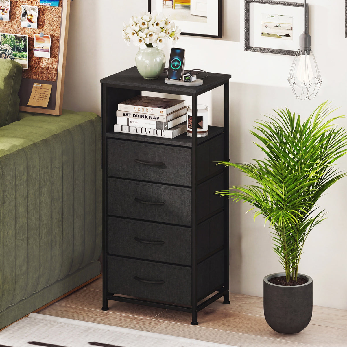 Nightstand with Integrated Charging Station 34" Modern Bedside Table-Black