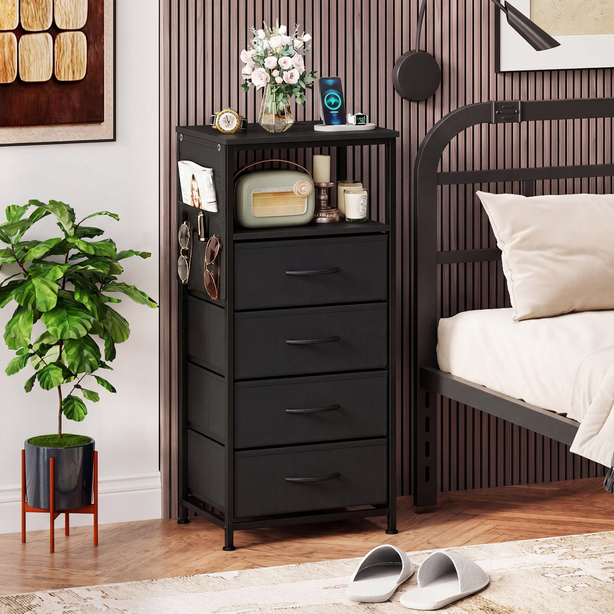 Nightstand with Integrated Charging Station 34" Modern Bedside Table-Black