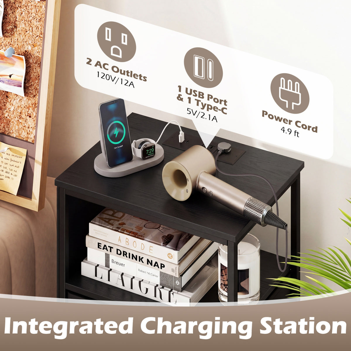 Nightstand with Integrated Charging Station 34" Modern Bedside Table-Black